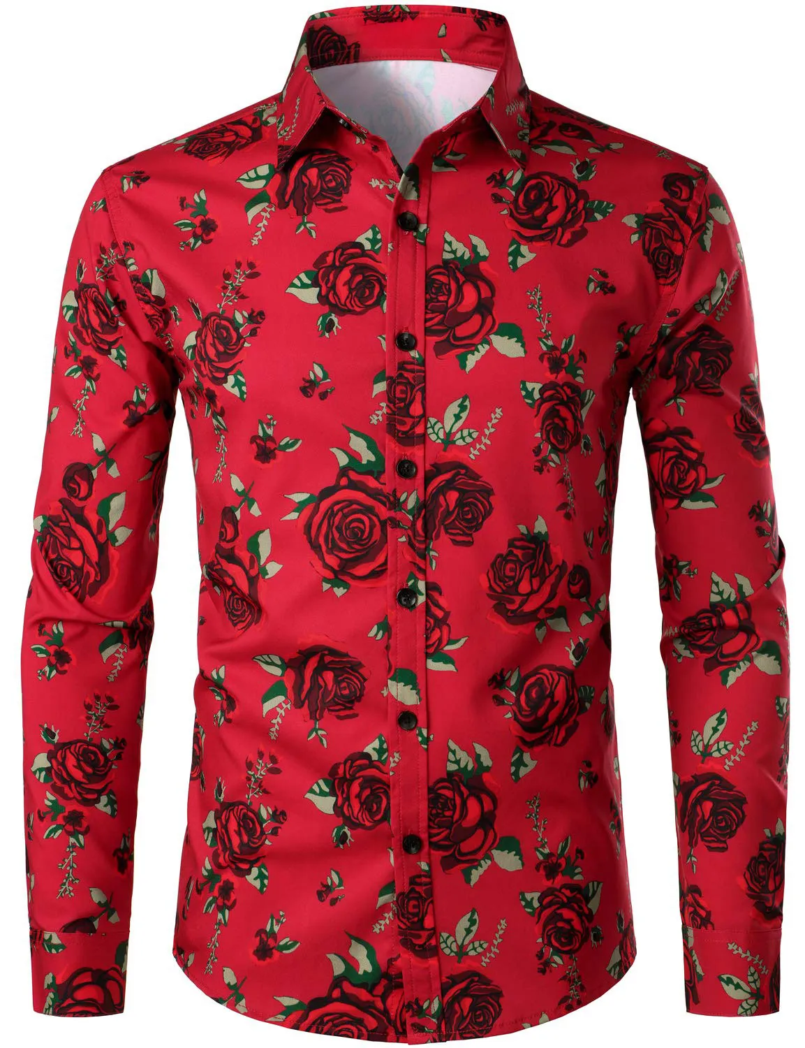 Men's Vintage Red Rose Casual Button Up Long Sleeve Shirt