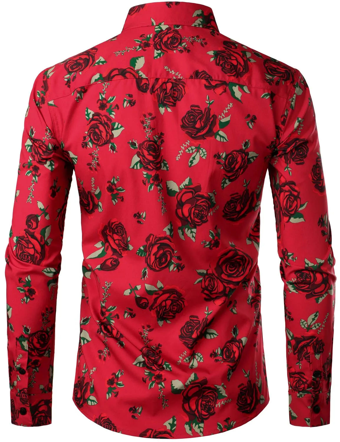 Men's Vintage Red Rose Casual Button Up Long Sleeve Shirt