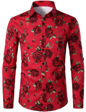 Men's Vintage Red Rose Casual Button Up Long Sleeve Shirt