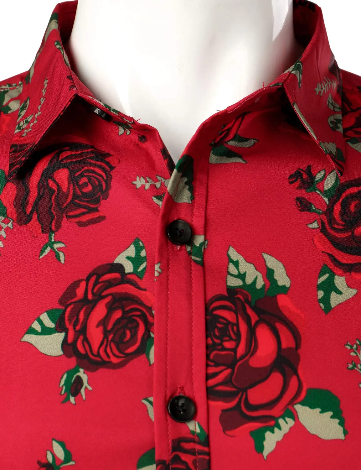 Men's Vintage Red Rose Casual Button Up Long Sleeve Shirt