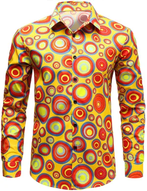 Men's Yellow Cotton Vintage Circle Print Long Sleeve Button Up Shirt