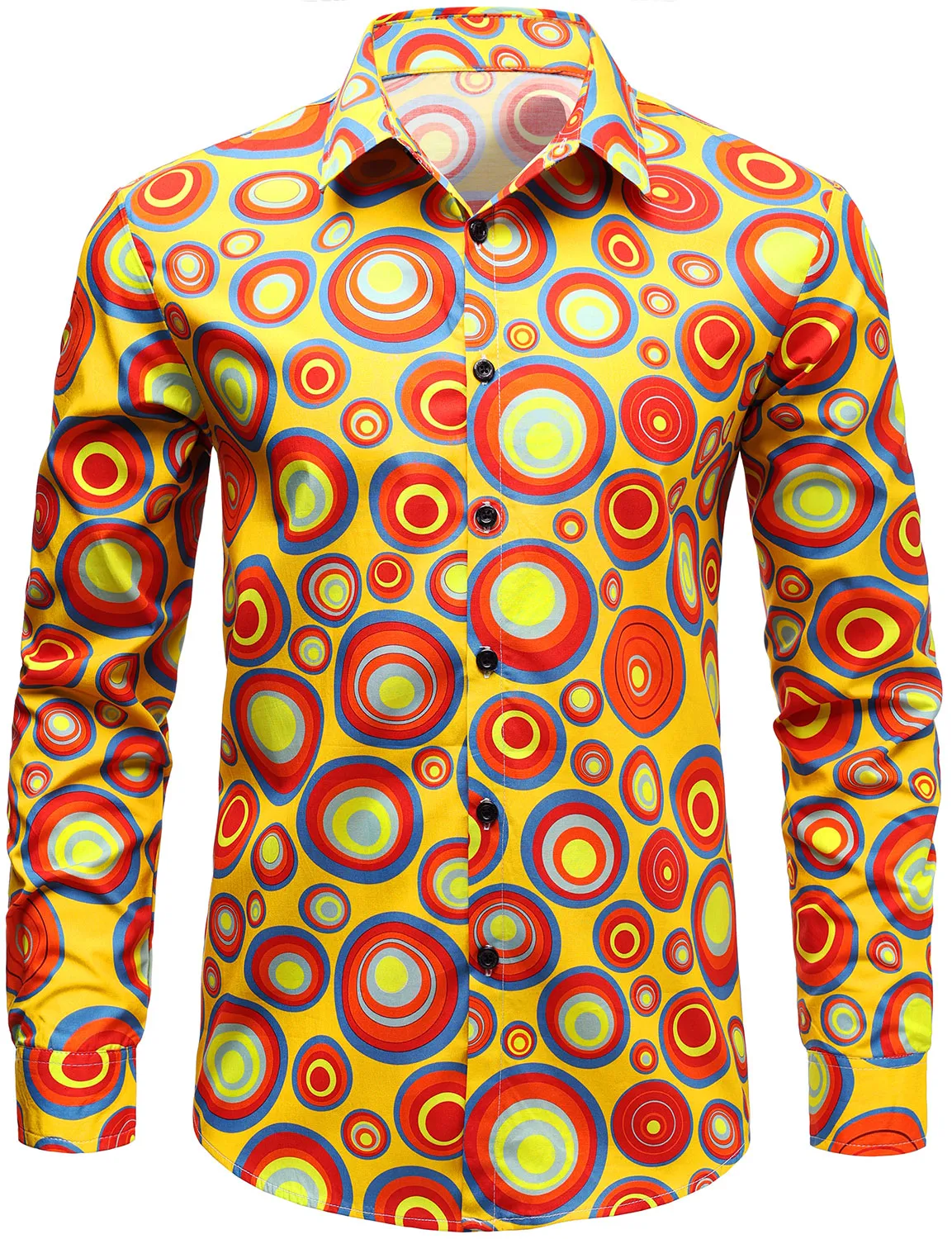 Men's Yellow Cotton Vintage Circle Print Long Sleeve Button Up Shirt