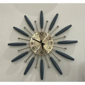 Mid Mod Blue and Gold Sunburst Clock