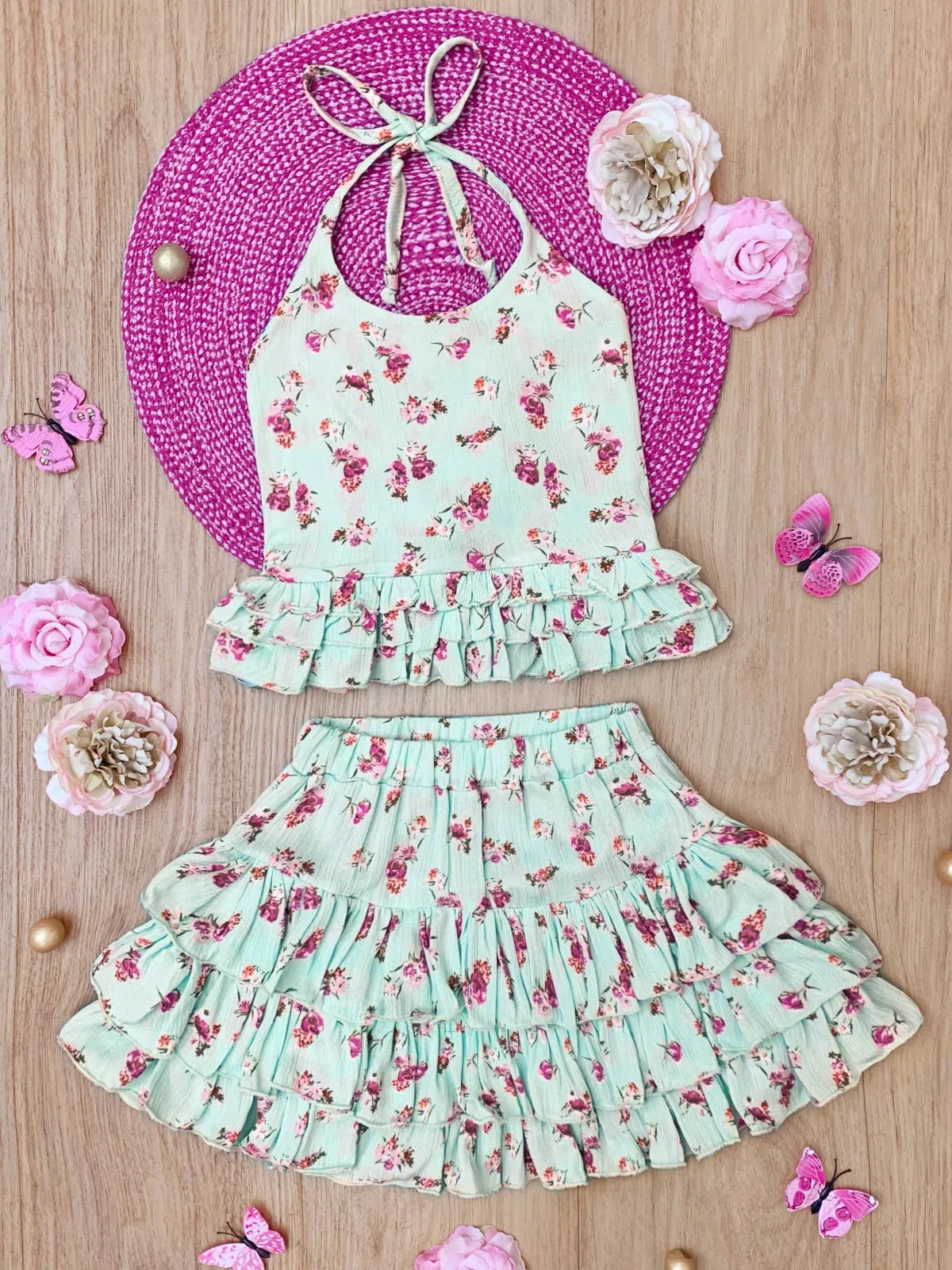 Mint Floral Ruffle Halter Top and Skirt Set