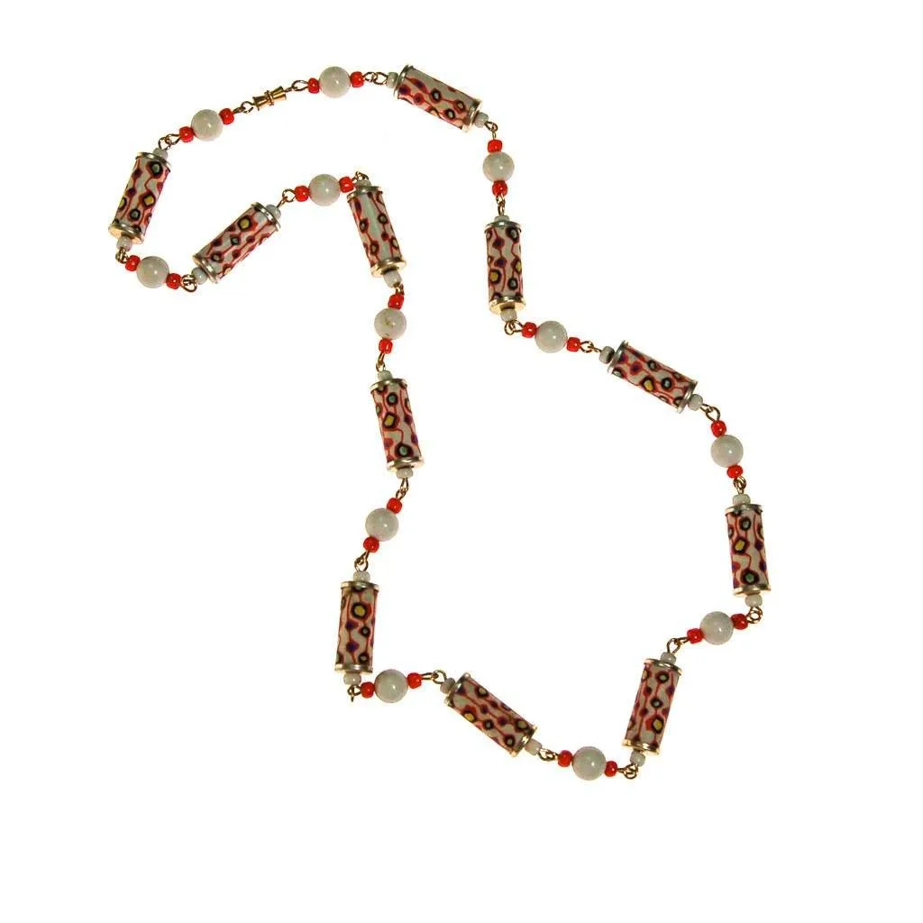 Mod Colorful Tube Bead Necklace, White, Orange, Blue, Yellow