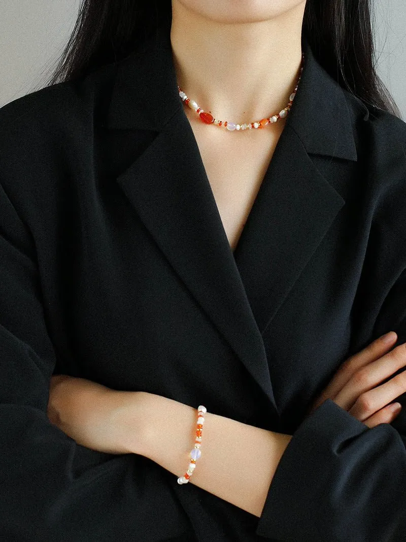 Multiple Irregular Colored Agate Natural Stone Bracelet-Red