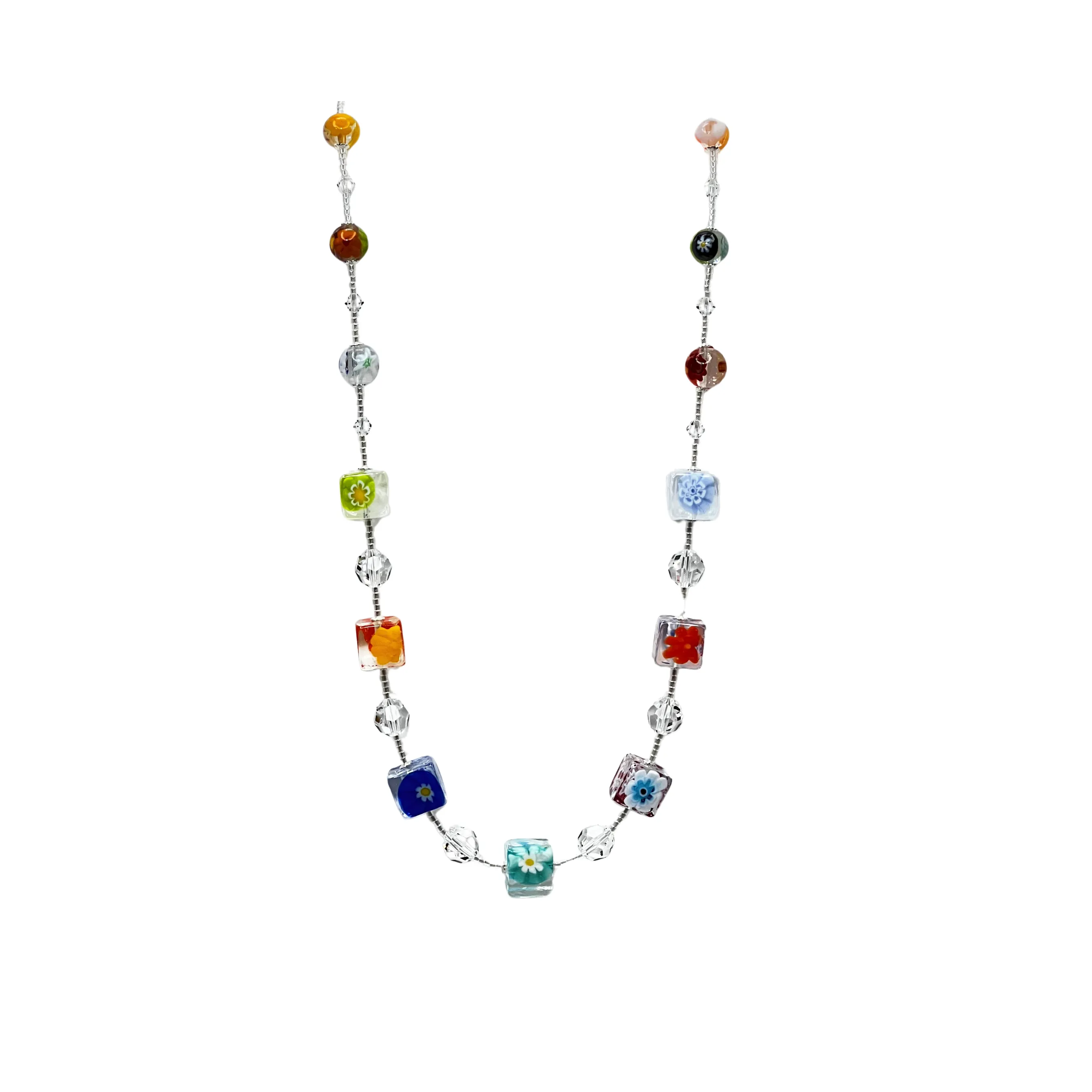 Murano Clear Millefiori Beaded Sterling Silver Necklace