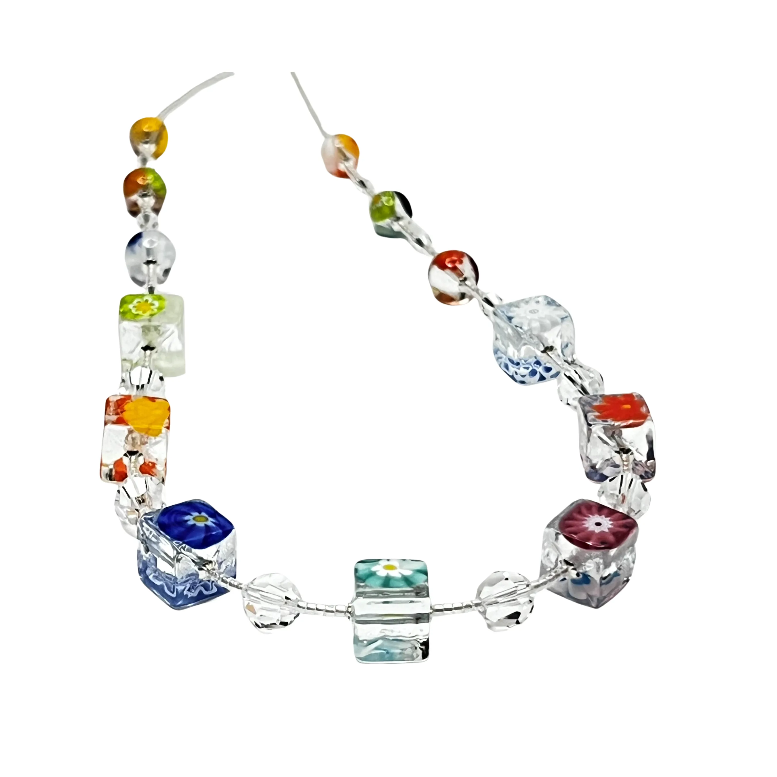 Murano Clear Millefiori Beaded Sterling Silver Necklace