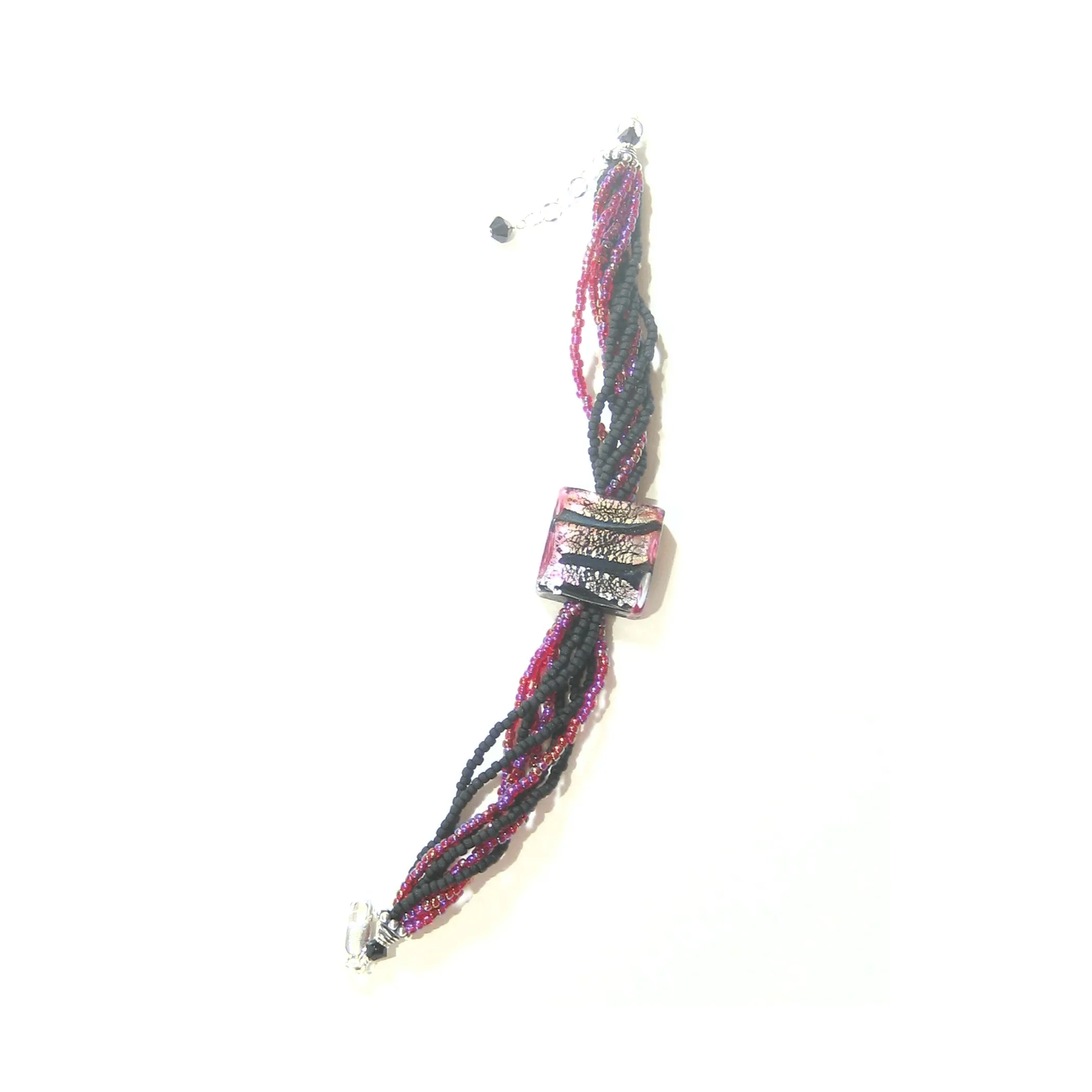 Murano Glass Pink Black Beaded Sterling Silver Bracelet