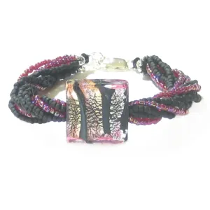 Murano Glass Pink Black Beaded Sterling Silver Bracelet