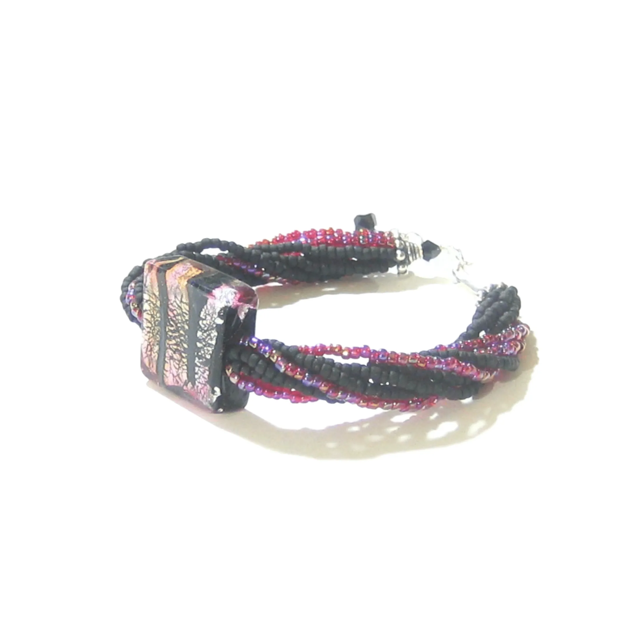 Murano Glass Pink Black Beaded Sterling Silver Bracelet