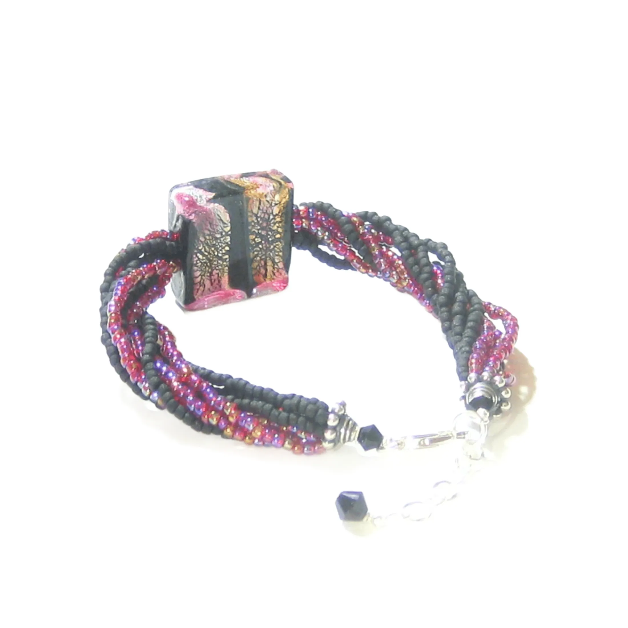 Murano Glass Pink Black Beaded Sterling Silver Bracelet