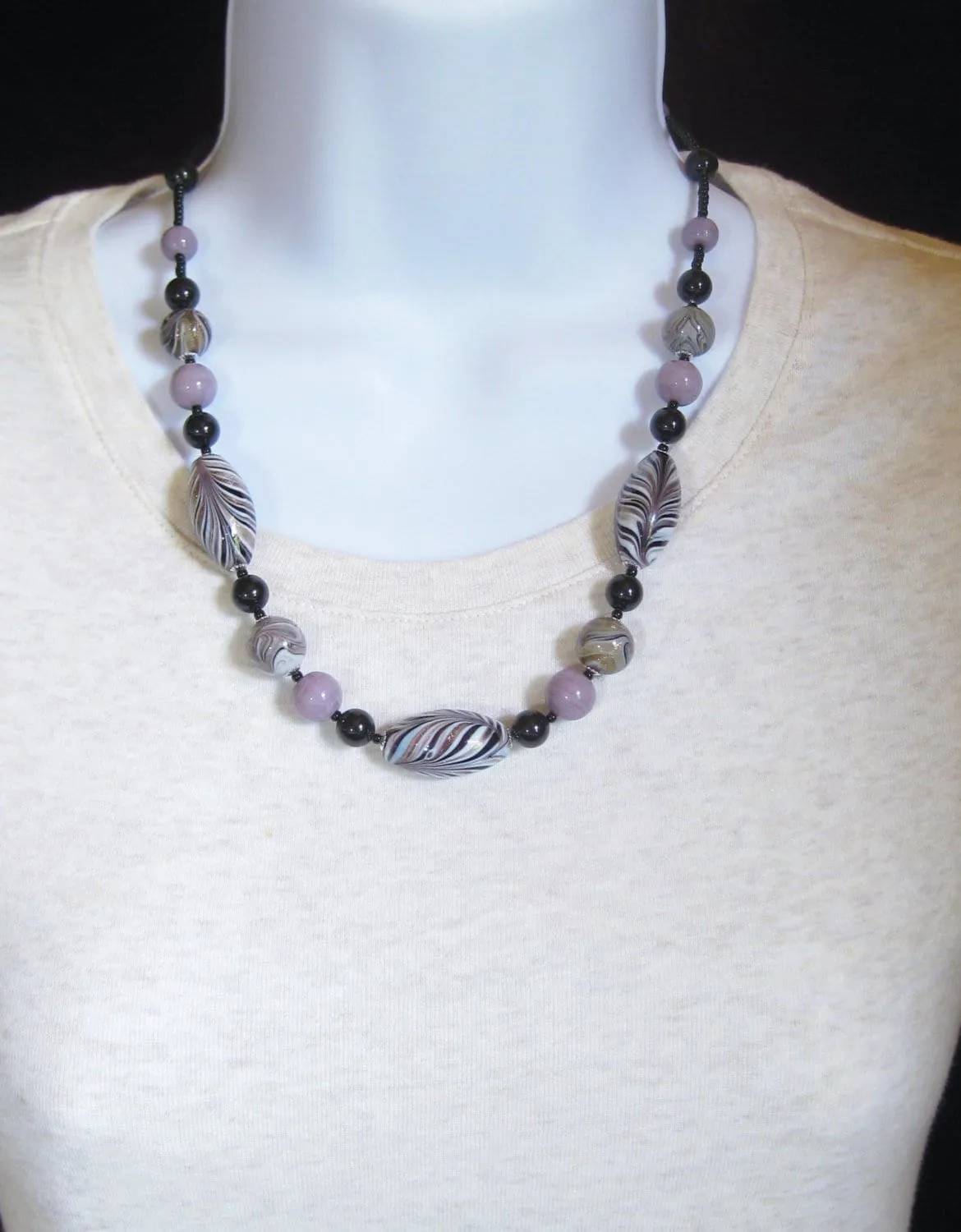 Murano Glass Zebra Black lavender Beaded Silver Necklace