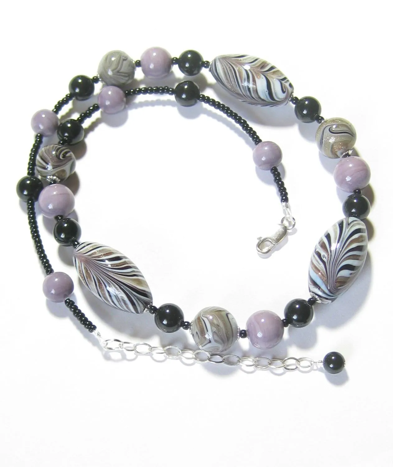 Murano Glass Zebra Black lavender Beaded Silver Necklace