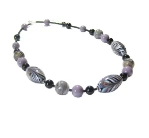 Murano Glass Zebra Black lavender Beaded Silver Necklace