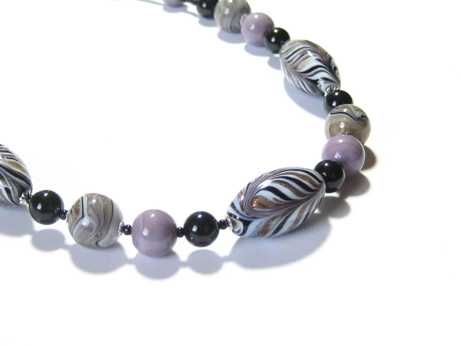 Murano Glass Zebra Black lavender Beaded Silver Necklace