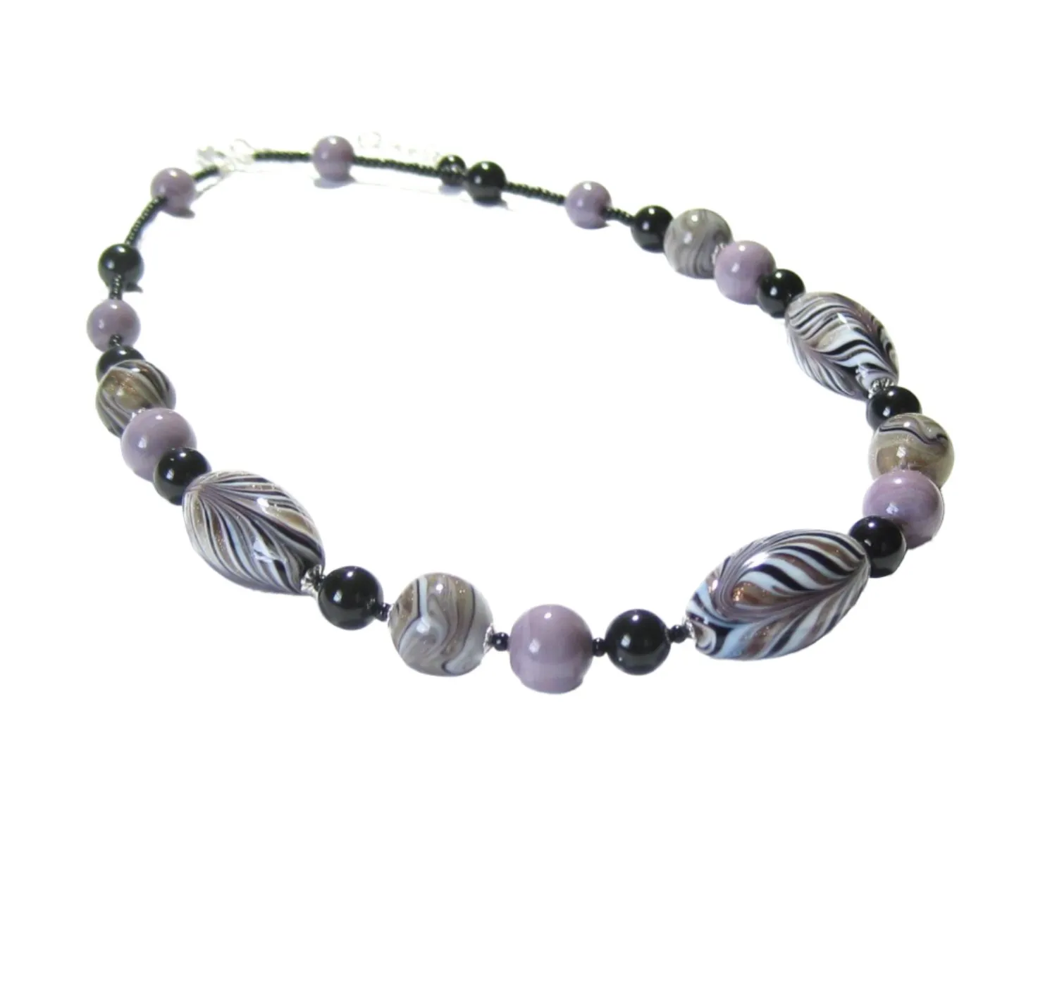 Murano Glass Zebra Black lavender Beaded Silver Necklace