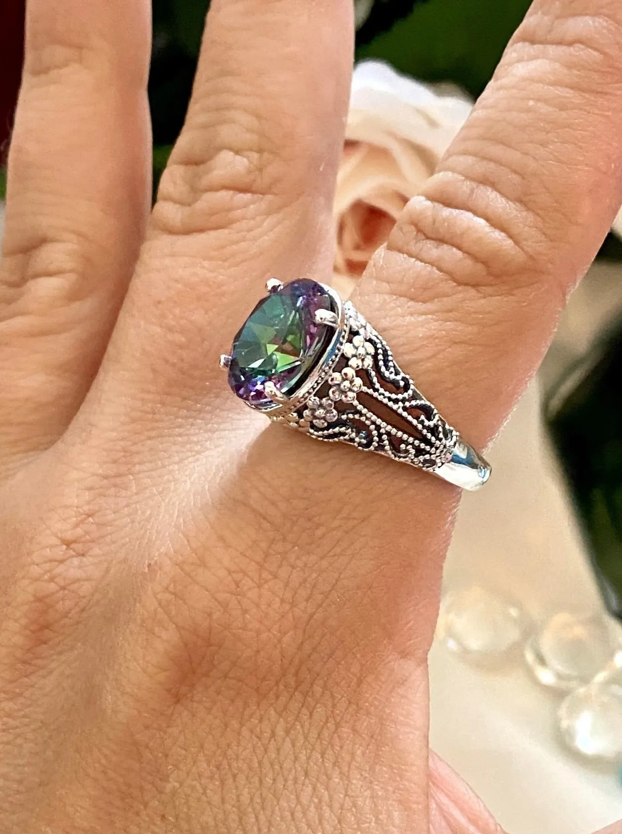 Mystic Topaz Ring, Natural or Simulated Oval Gemstone, Vintage Jewelry, Blossom Design D171
