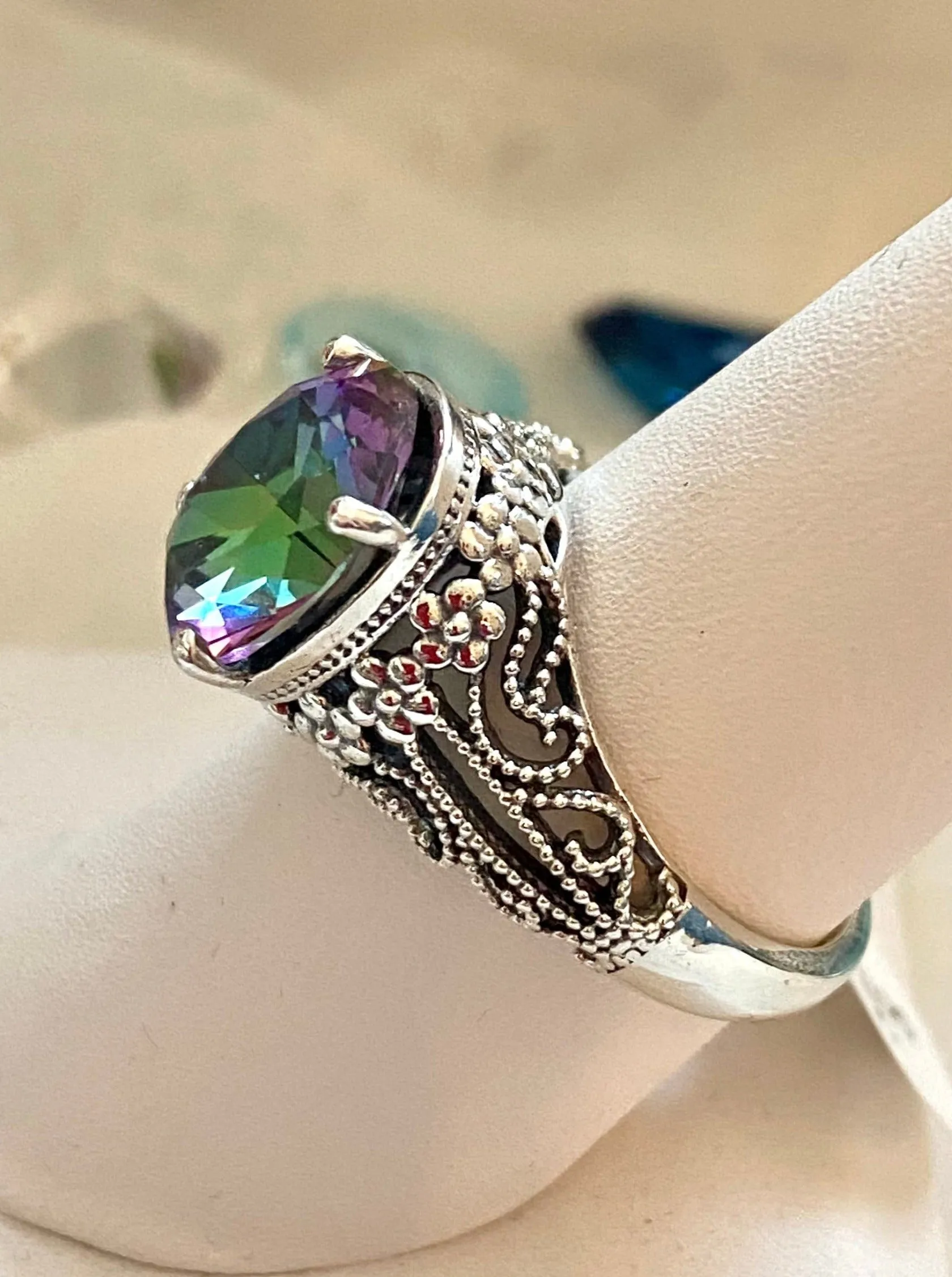 Mystic Topaz Ring, Natural or Simulated Oval Gemstone, Vintage Jewelry, Blossom Design D171