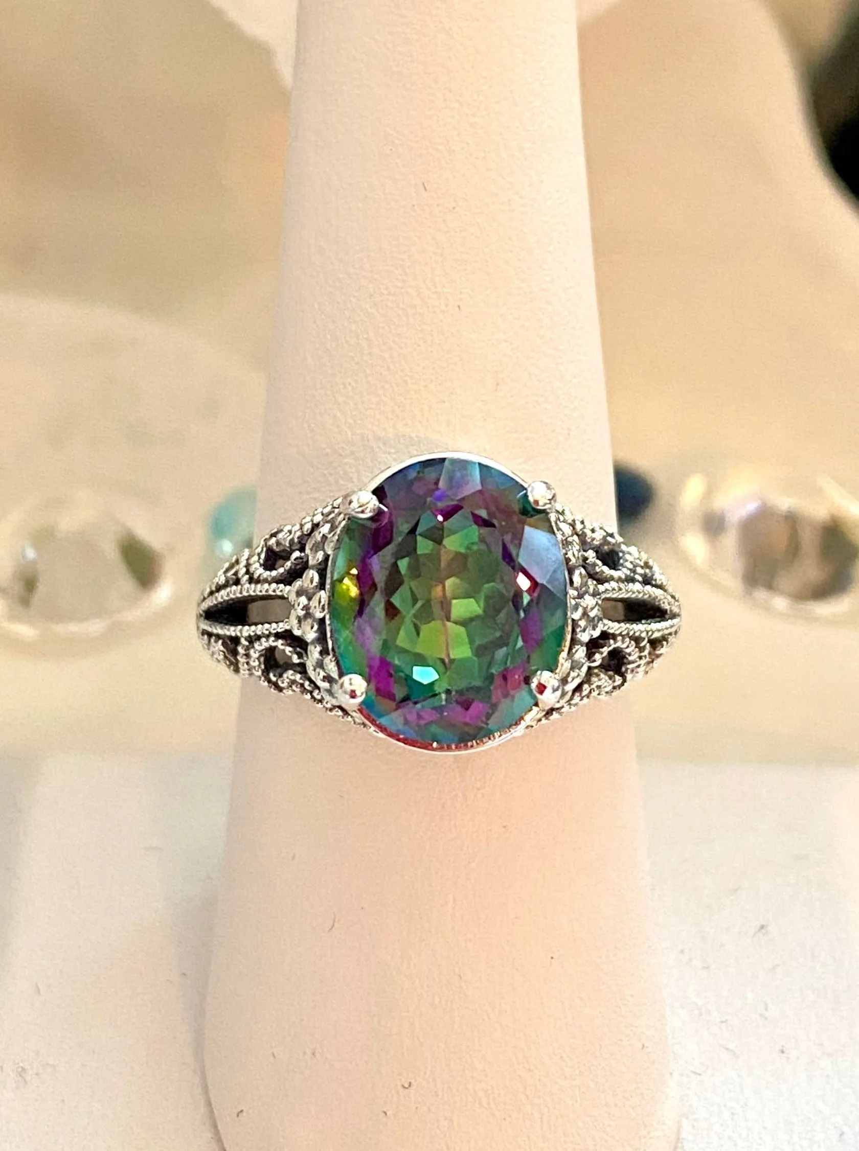 Mystic Topaz Ring, Natural or Simulated Oval Gemstone, Vintage Jewelry, Blossom Design D171