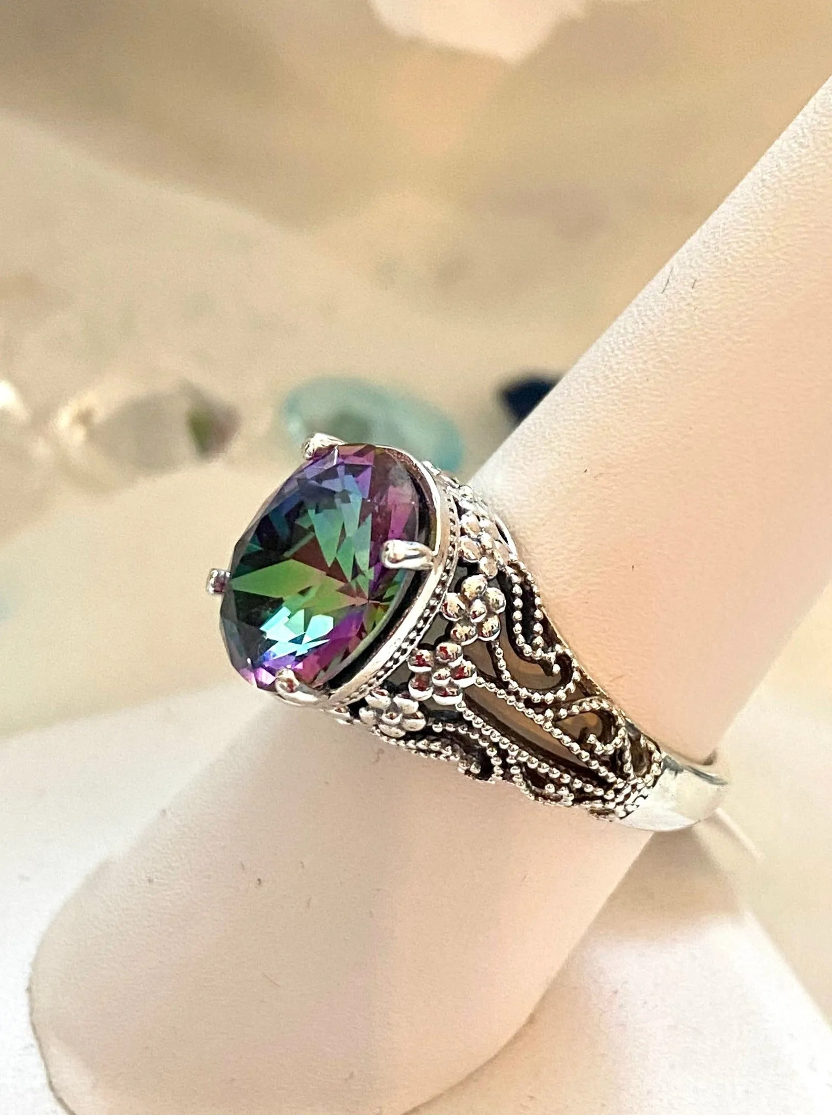 Mystic Topaz Ring, Natural or Simulated Oval Gemstone, Vintage Jewelry, Blossom Design D171