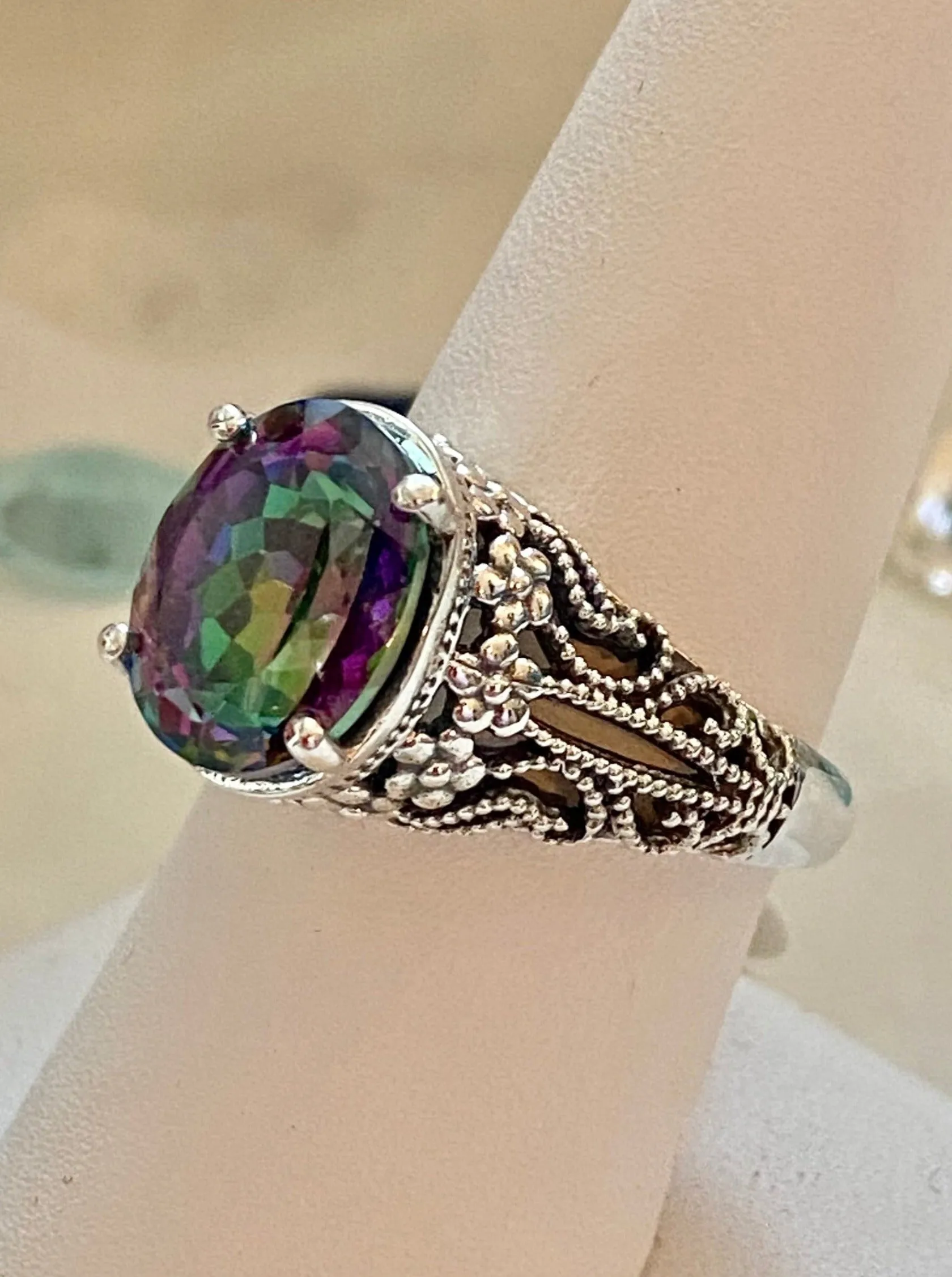 Mystic Topaz Ring, Natural or Simulated Oval Gemstone, Vintage Jewelry, Blossom Design D171
