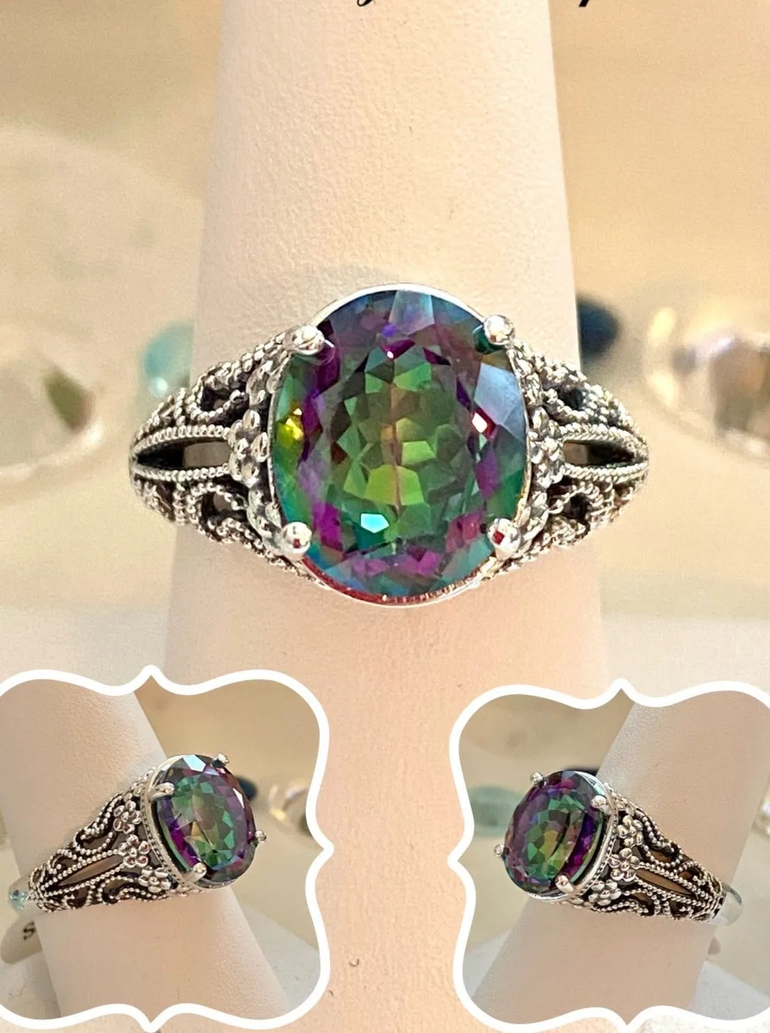 Mystic Topaz Ring, Natural or Simulated Oval Gemstone, Vintage Jewelry, Blossom Design D171