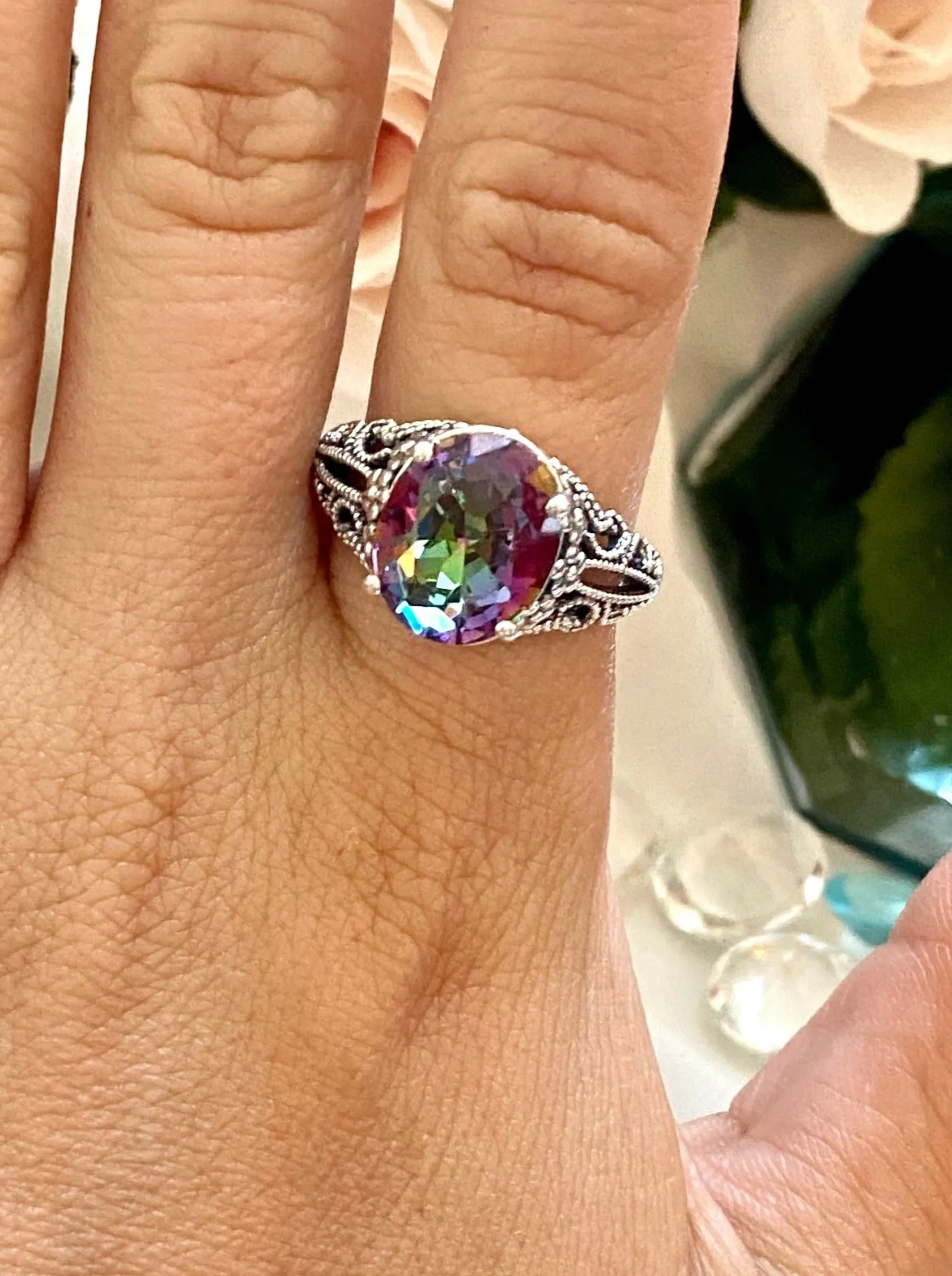 Mystic Topaz Ring, Natural or Simulated Oval Gemstone, Vintage Jewelry, Blossom Design D171