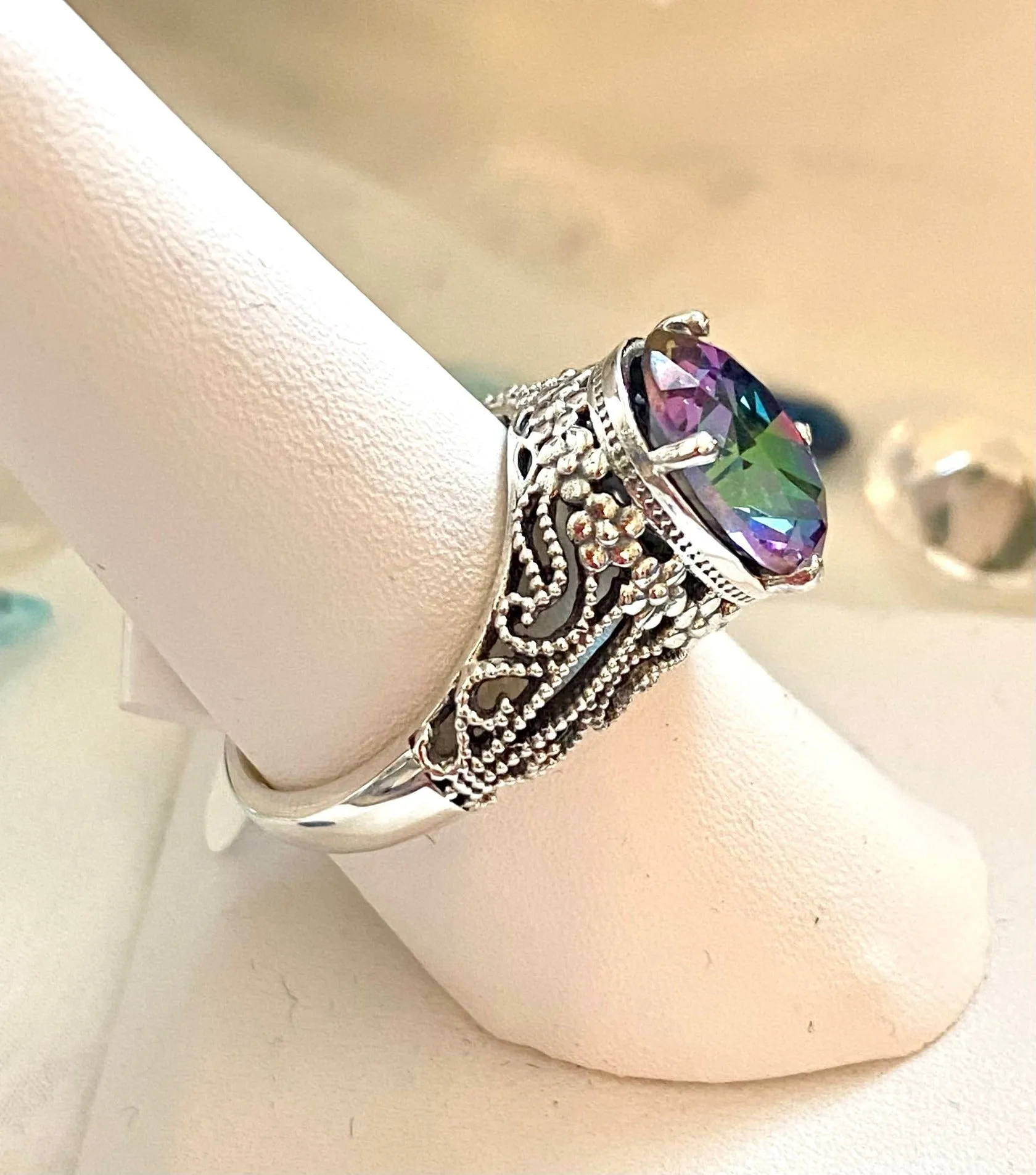 Mystic Topaz Ring, Natural or Simulated Oval Gemstone, Vintage Jewelry, Blossom Design D171