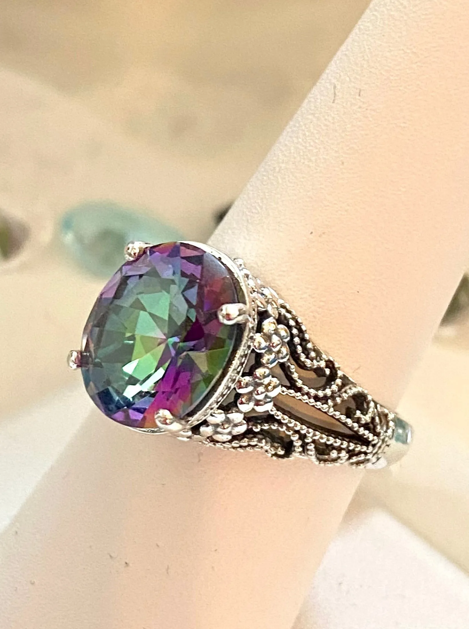 Mystic Topaz Ring, Natural or Simulated Oval Gemstone, Vintage Jewelry, Blossom Design D171