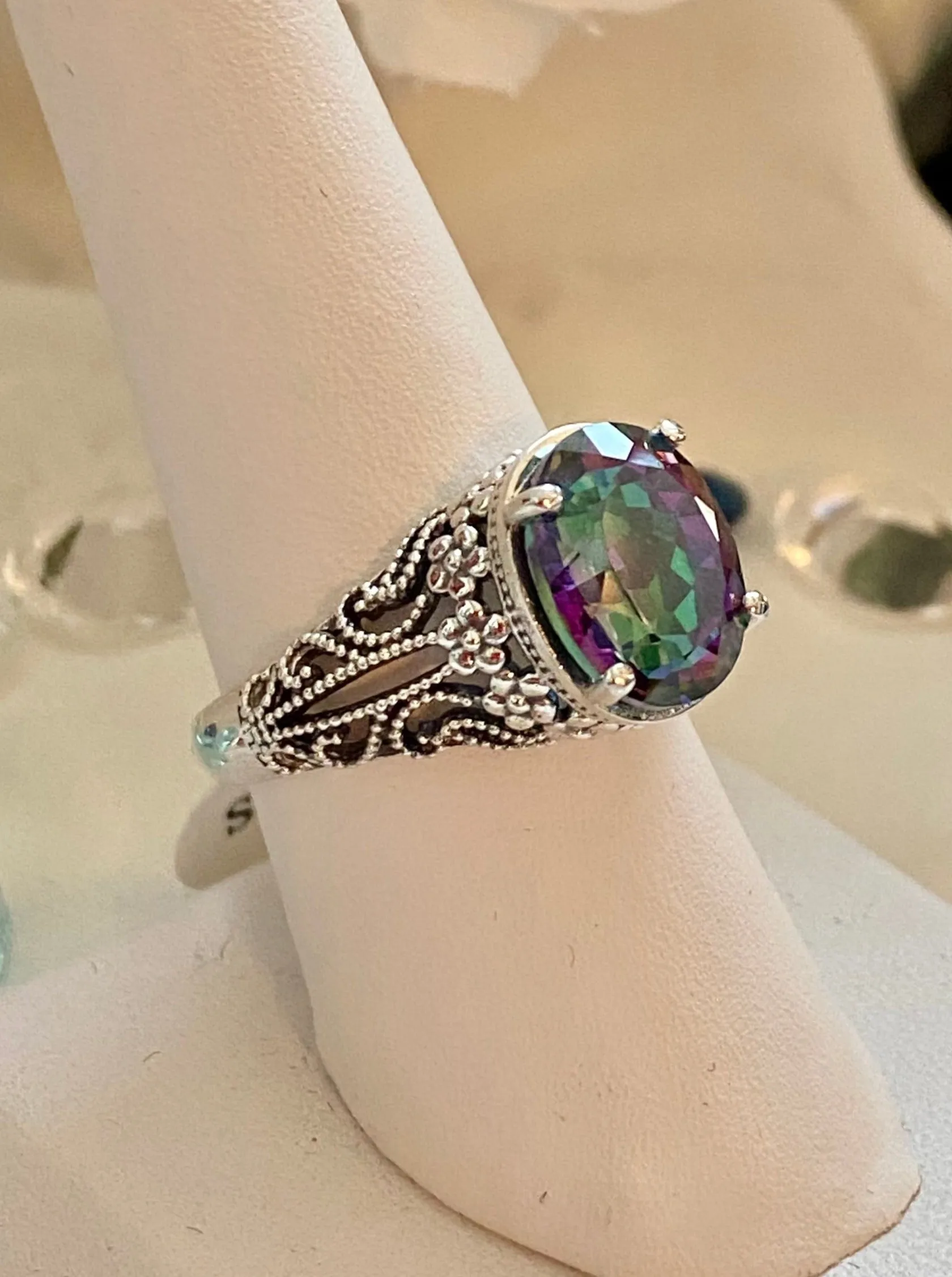 Mystic Topaz Ring, Natural or Simulated Oval Gemstone, Vintage Jewelry, Blossom Design D171