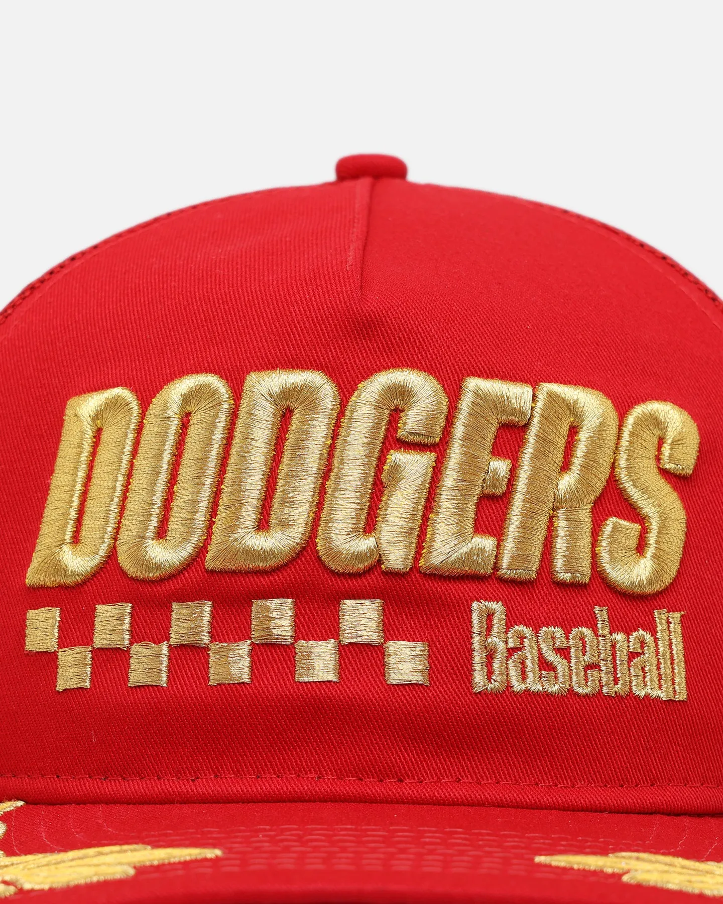 New Era Los Angeles Dodgers 'Podium Collection' Pre-Curved Golfer Trucker Snapback Scarlet/Metallic Gold