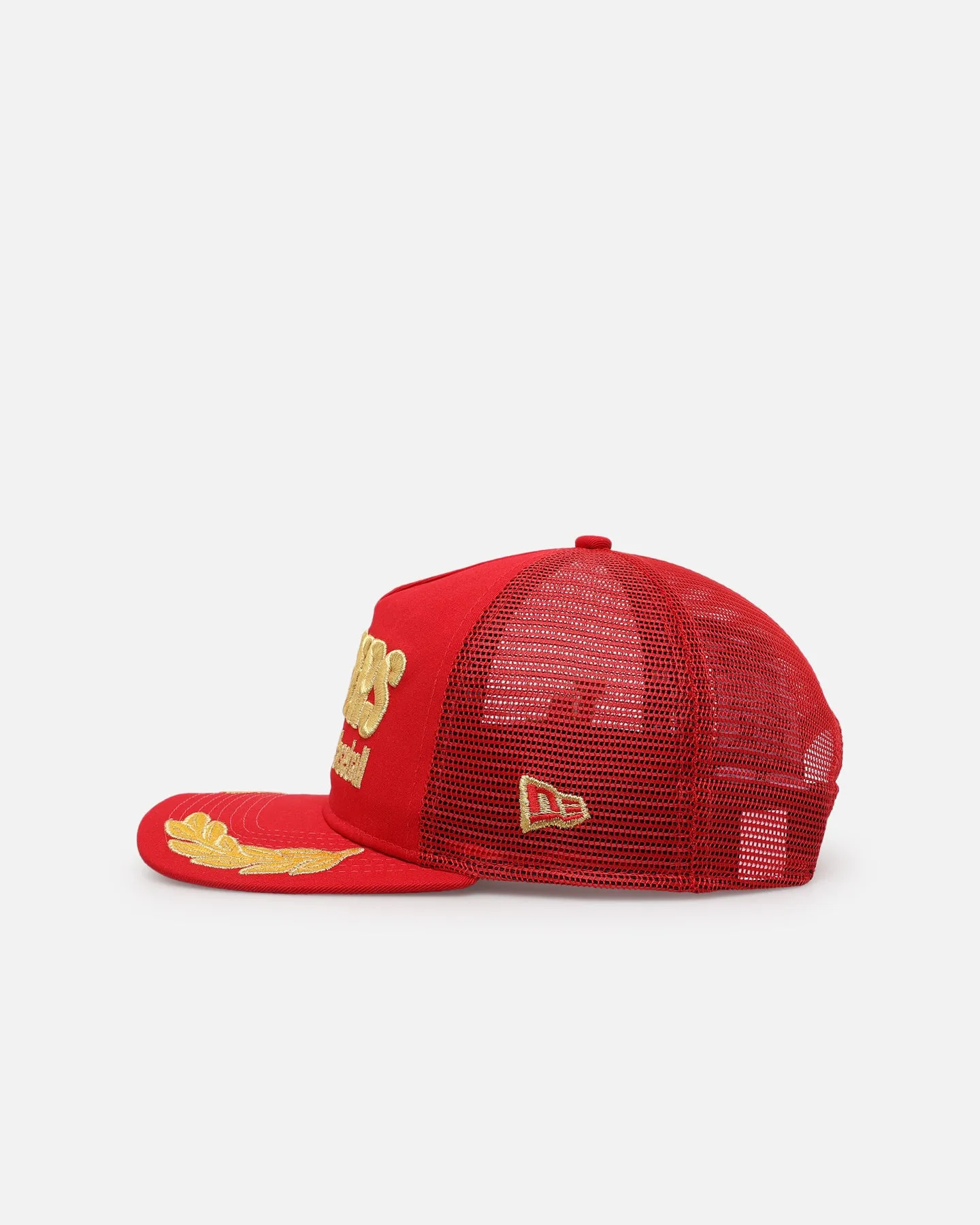 New Era Los Angeles Dodgers 'Podium Collection' Pre-Curved Golfer Trucker Snapback Scarlet/Metallic Gold
