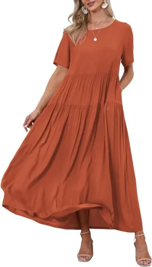 New YESNO Women Casual Loose Bohemian Dress with Pockets Short Sleeve, Rust, Sz L