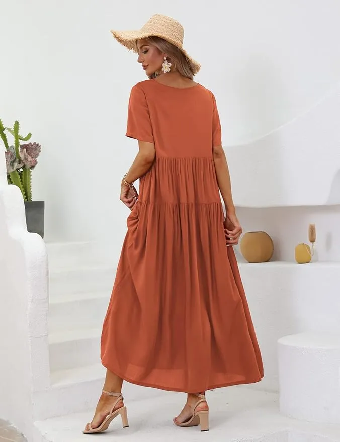 New YESNO Women Casual Loose Bohemian Dress with Pockets Short Sleeve, Rust, Sz L