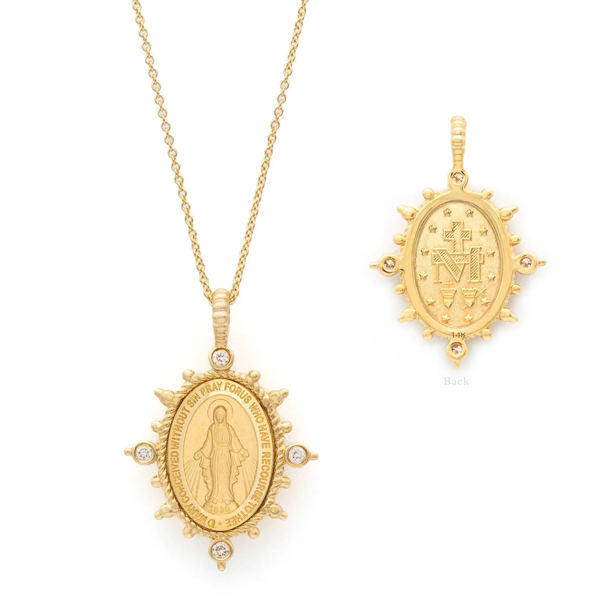 North South East West Beaded Diamond Miraculous Medal Necklace