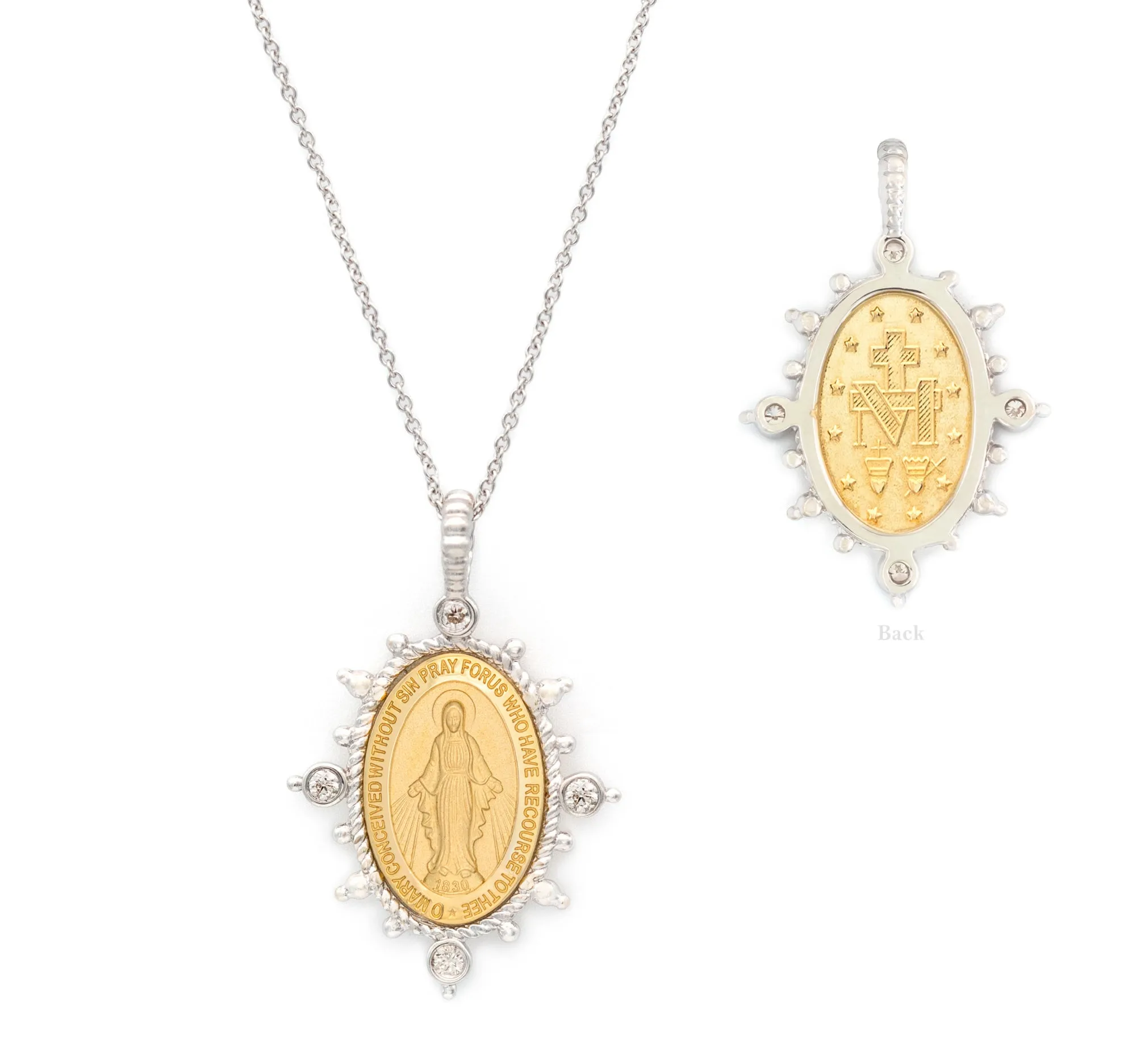 North South East West Beaded Diamond Miraculous Medal Necklace