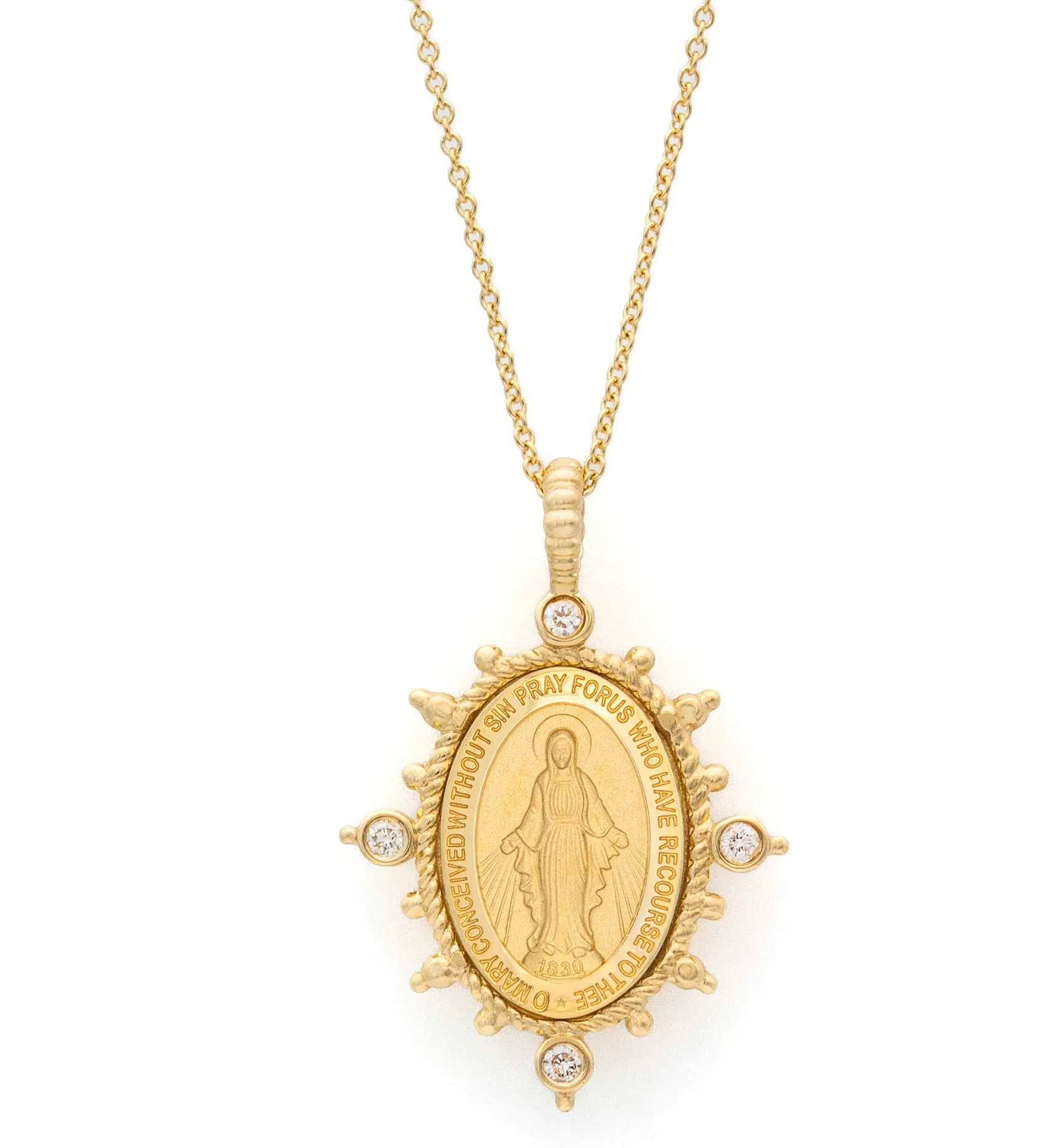 North South East West Beaded Diamond Miraculous Medal Necklace