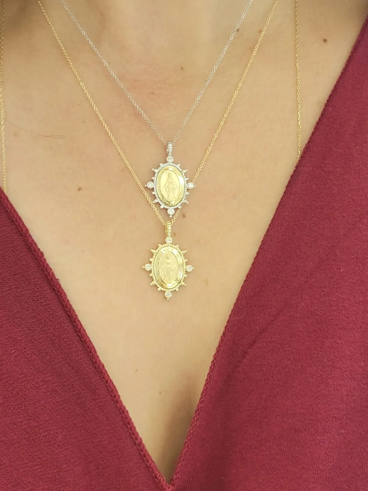 North South East West Beaded Diamond Miraculous Medal Necklace