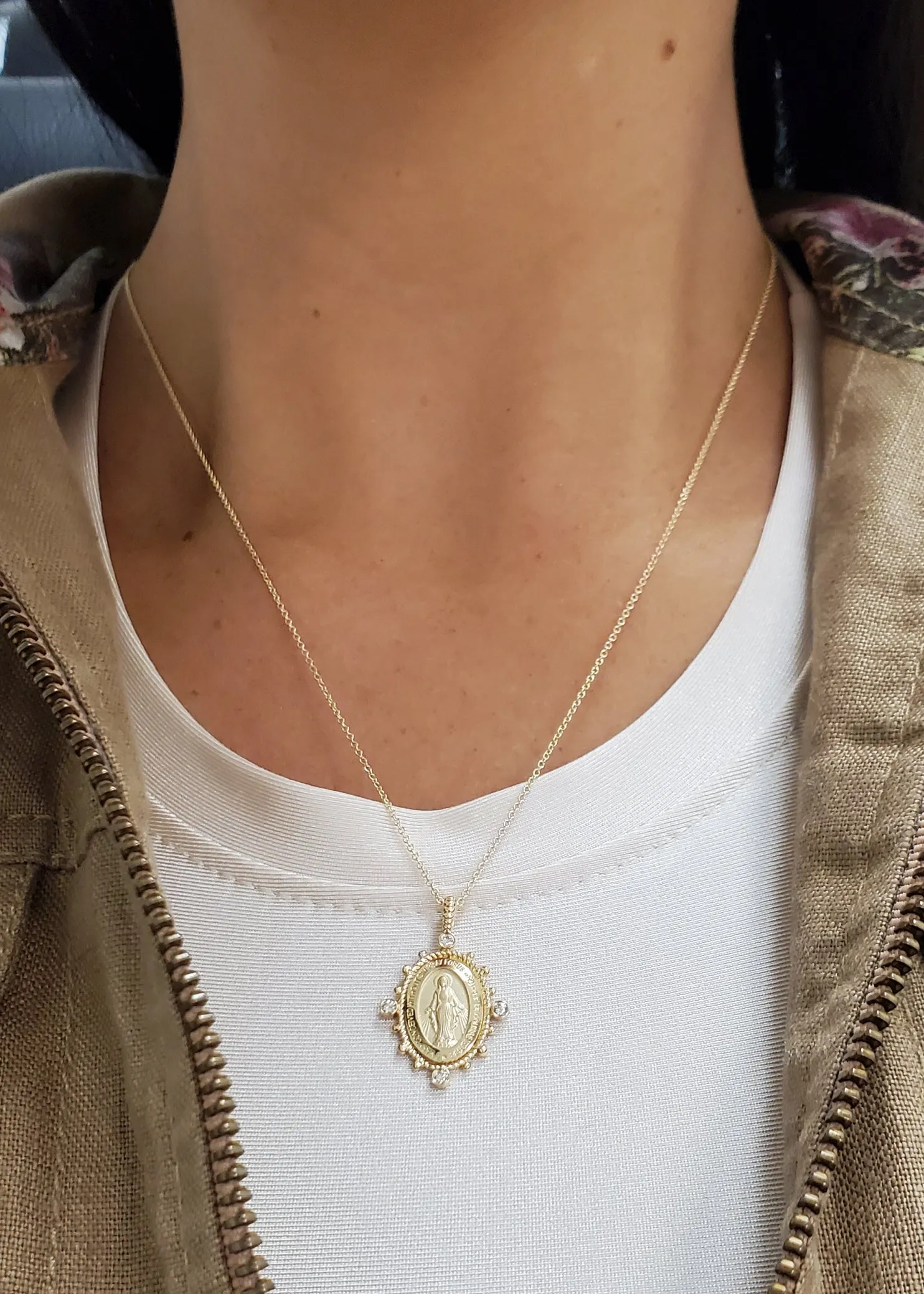 North South East West Beaded Diamond Miraculous Medal Necklace