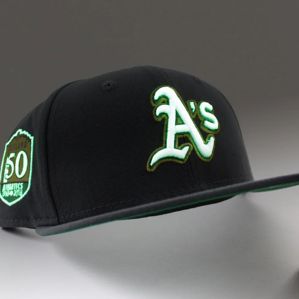 Oakland Athletics 1989 World Series Battle of The Bay New Era 59Fifty Fitted Hat (GITD Dark Grey Green Under Brim)