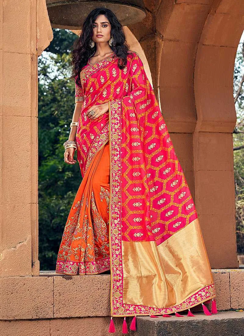 Orange and Pink Embroidered Bollywood Style Saree