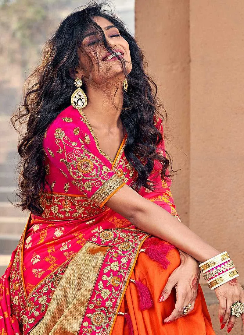 Orange and Pink Embroidered Bollywood Style Saree