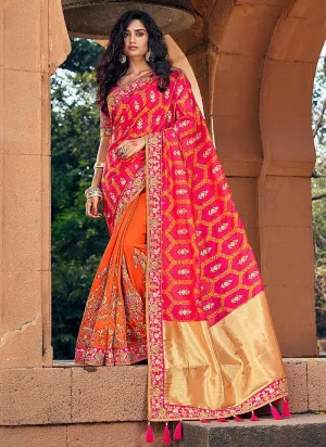 Orange and Pink Embroidered Bollywood Style Saree