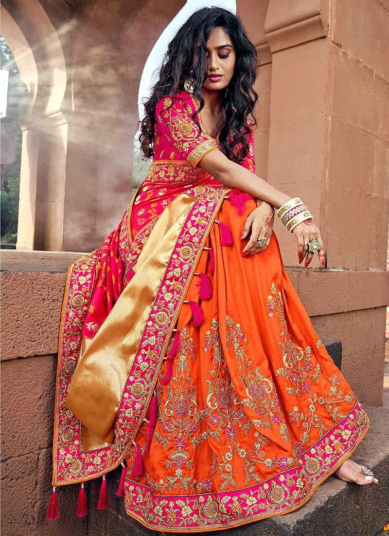 Orange and Pink Embroidered Bollywood Style Saree