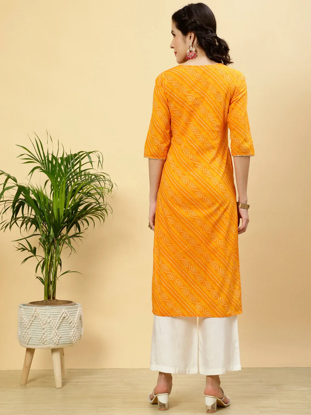 Orange Bhandhej Mirror Work Cotton Straight Kurta