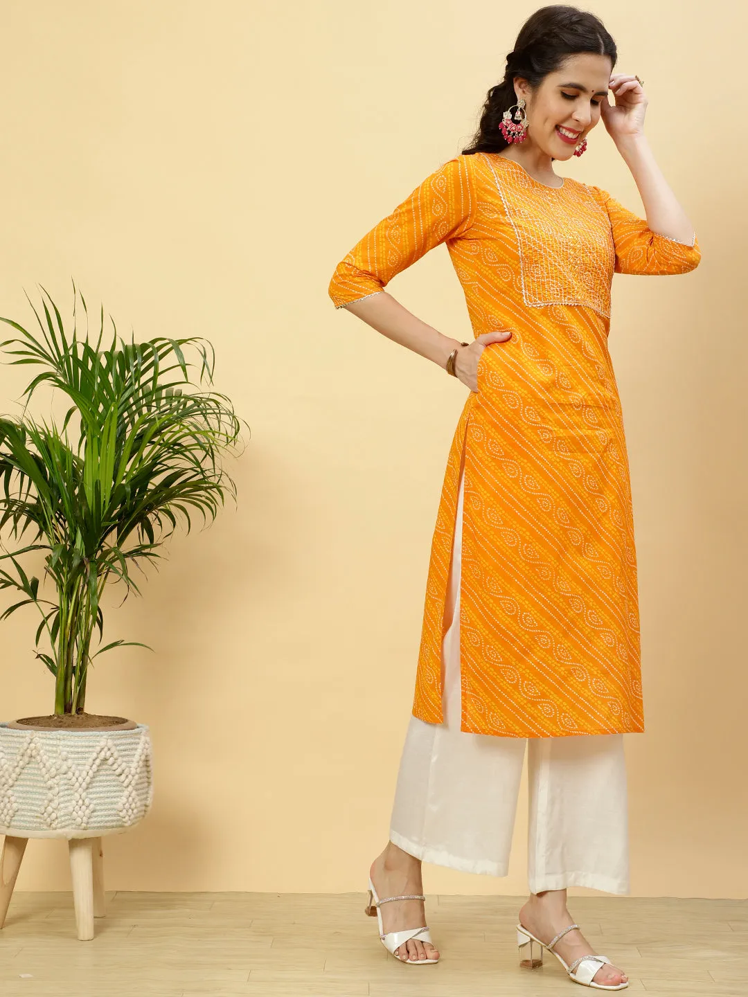 Orange Bhandhej Mirror Work Cotton Straight Kurta