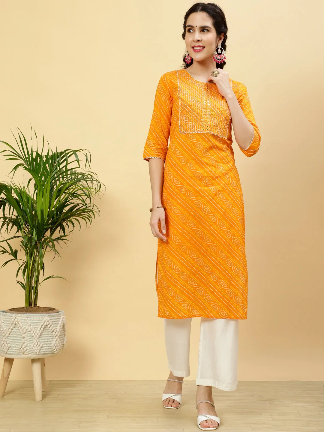 Orange Bhandhej Mirror Work Cotton Straight Kurta
