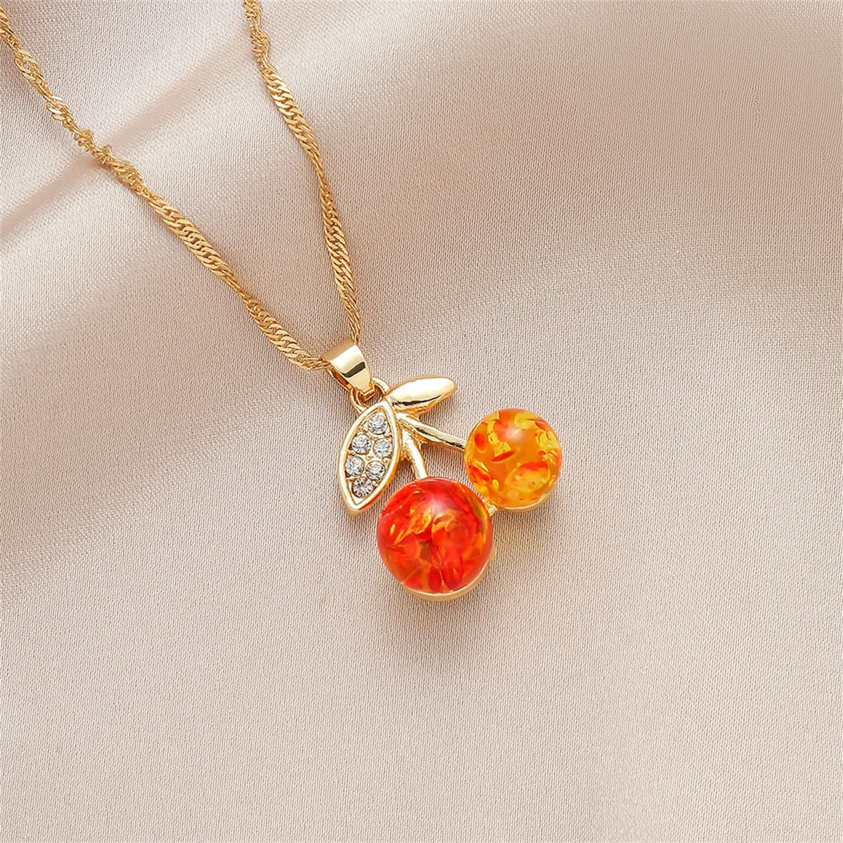 Orange Crystal & Cubic Zirconia Cherry Pendant Necklace