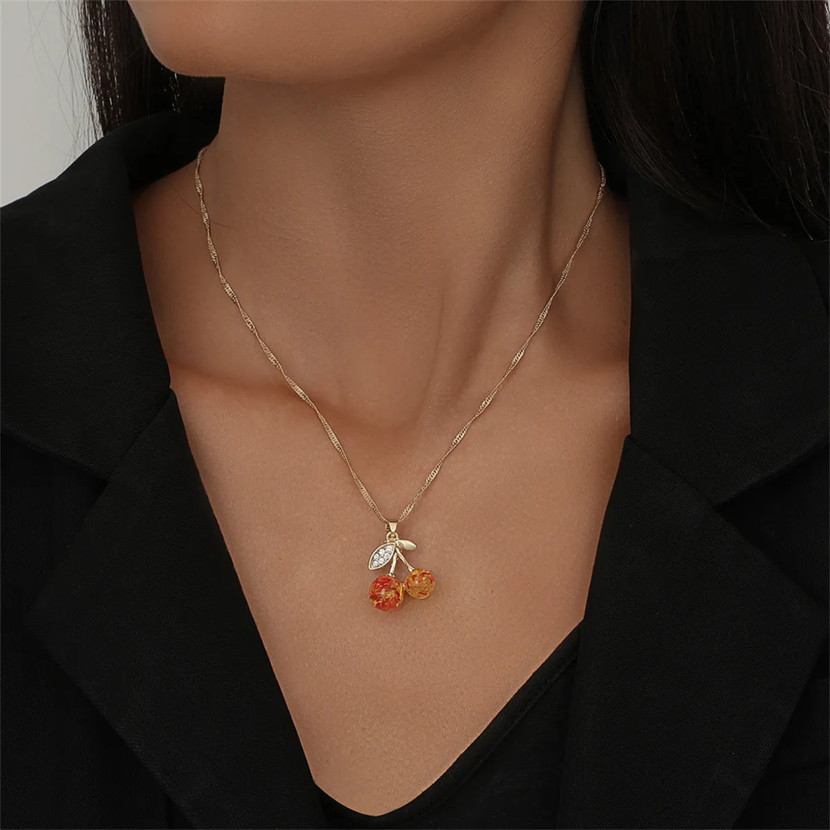 Orange Crystal & Cubic Zirconia Cherry Pendant Necklace